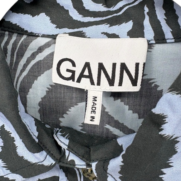 Ganni Zebra Print Cotton Shirt Dress Puff Sleeve Mini Blue Gray Designer EU34 XS - Picture 13 of 16